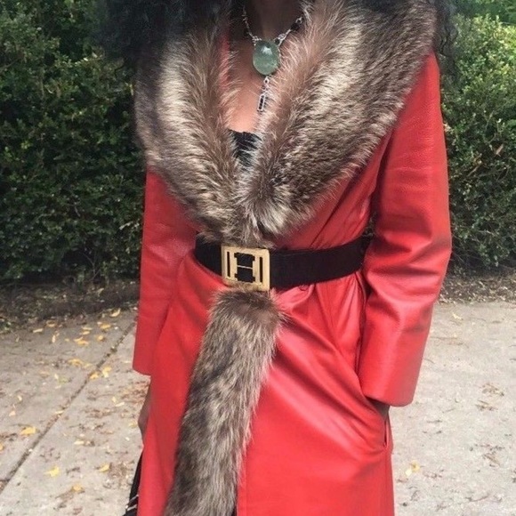 Vtg Designer Samuel Robert Lipstick red leather & Raccoon fur trim Jacket Coat S - Picture 3 of 12